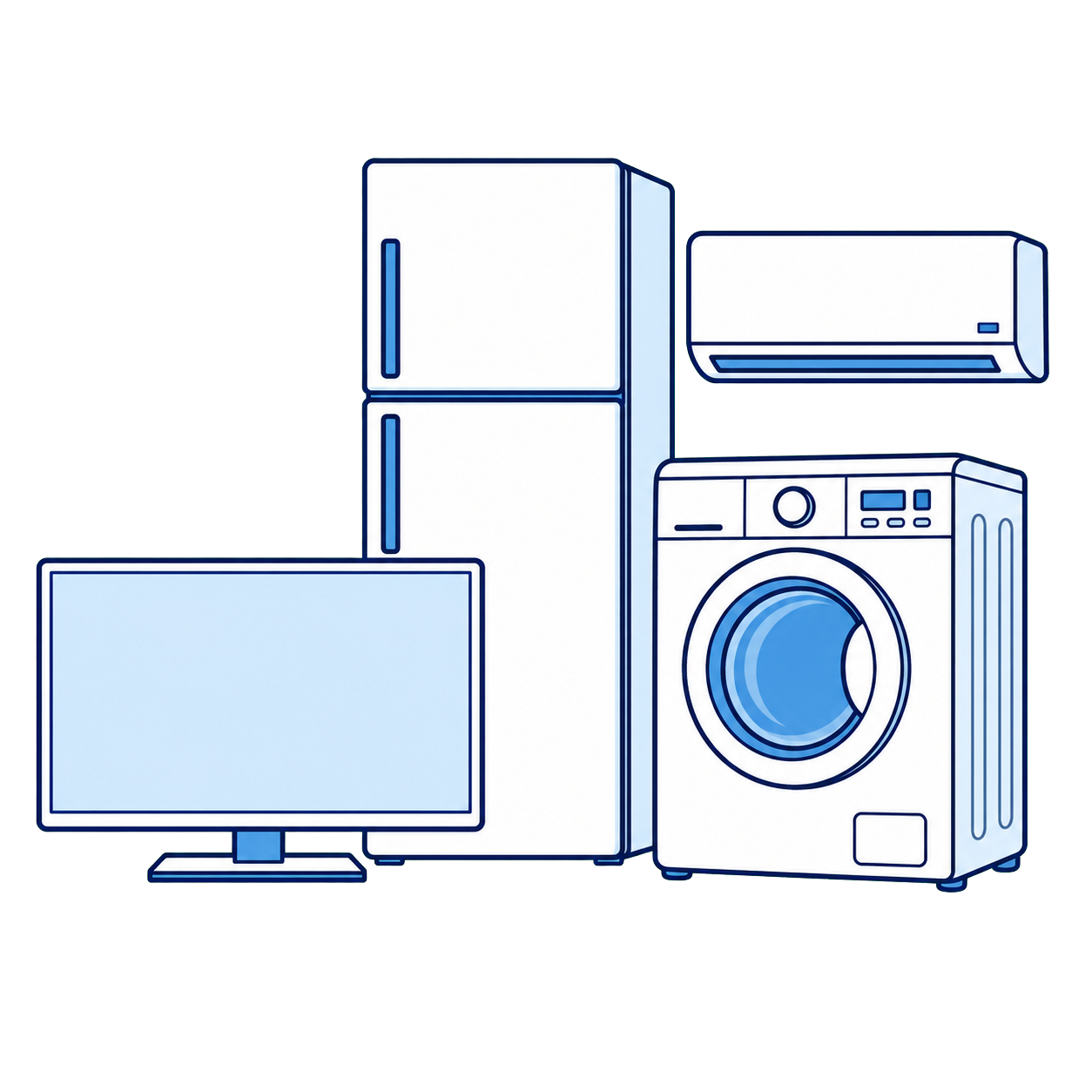 テレビ、冷蔵庫、エアコン、洗濯機のイラスト